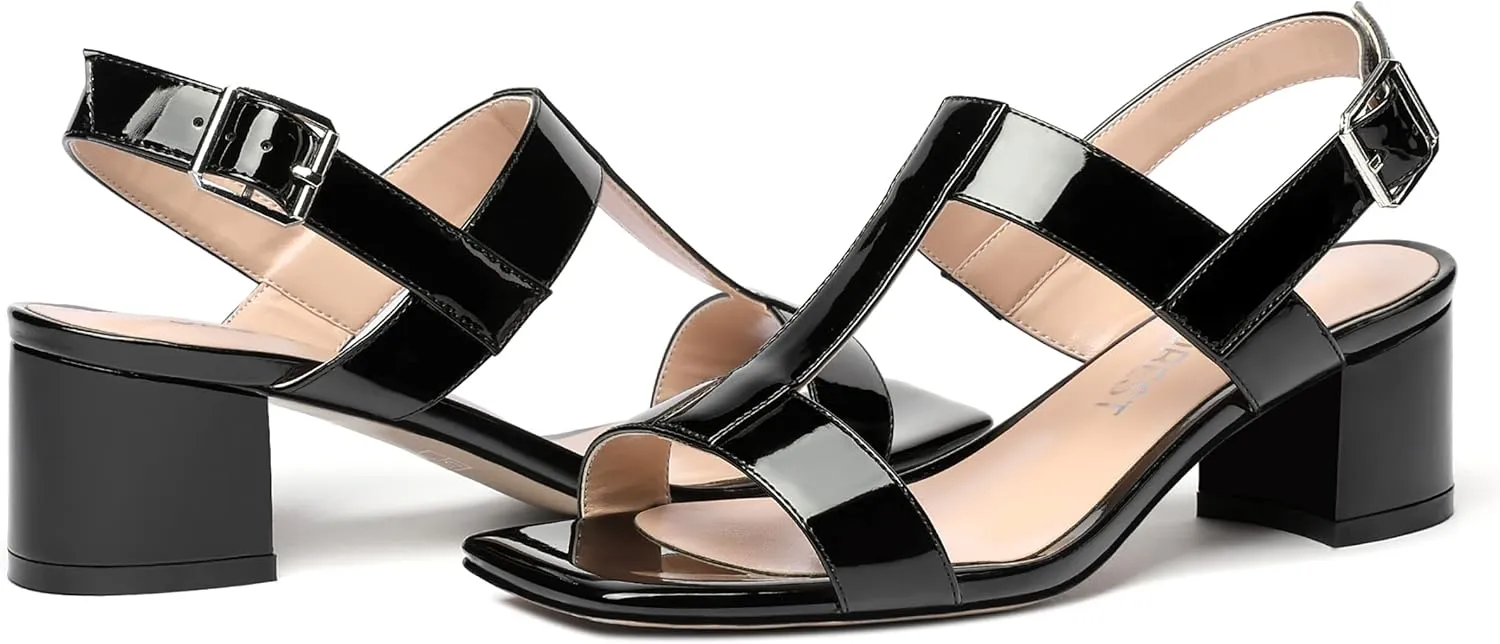 SHOWFOREST Women's Casual Slingback Office Ankle Strap Fashion Patent Square Toe Chunky Low Heel Pumps Shoes 2 Inch