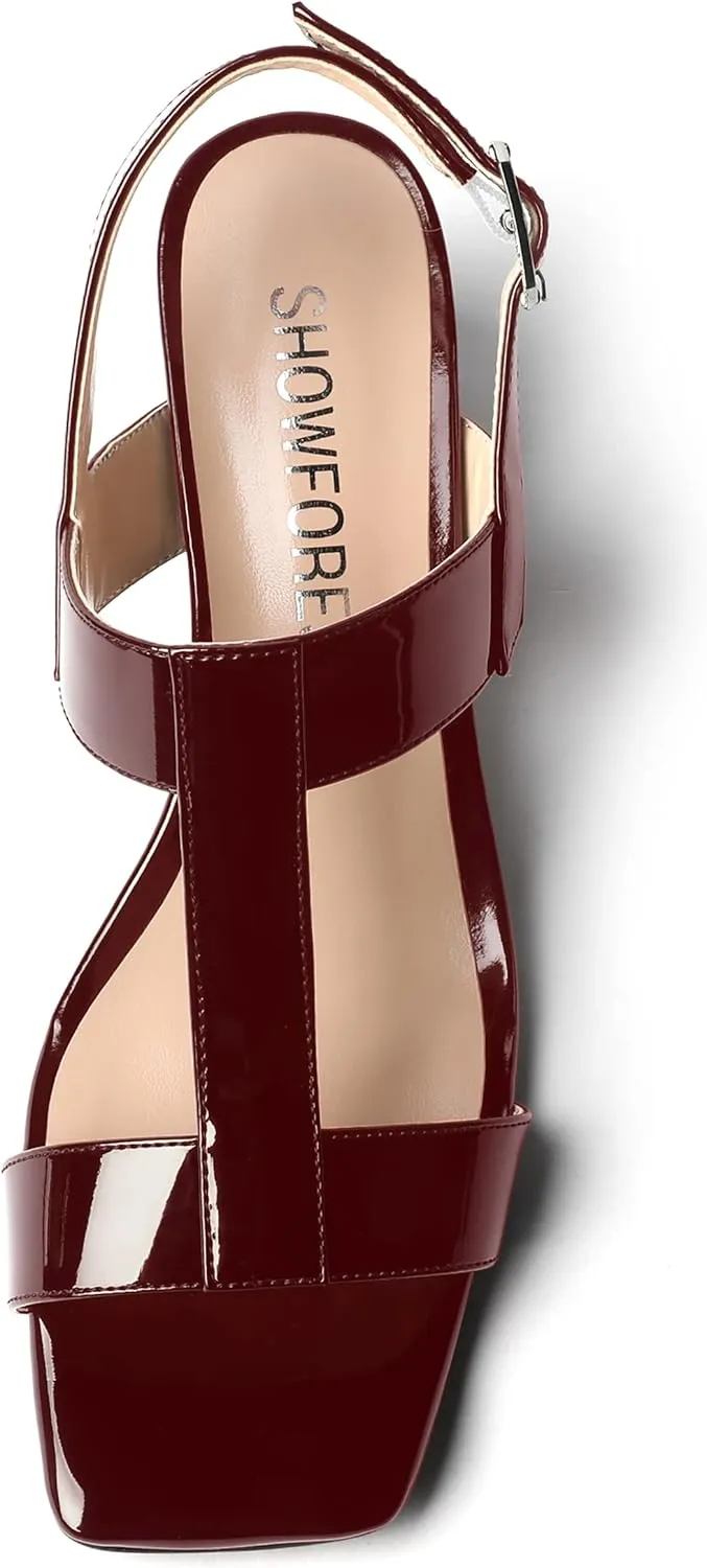 SHOWFOREST Women's Casual Slingback Office Ankle Strap Fashion Patent Square Toe Chunky Low Heel Pumps Shoes 2 Inch