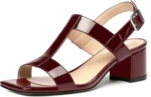 SHOWFOREST Women's Casual Slingback Office Ankle Strap Fashion Patent Square Toe Chunky Low Heel Pumps Shoes 2 Inch