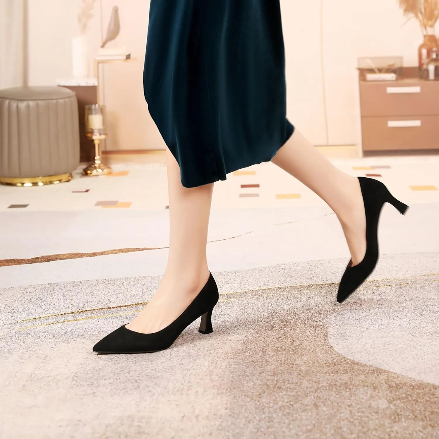 SHOWFOREST Womens Pointed Toe Slip On Evening Suede Dress Spool Mid Heel Pumps Shoes 2.5 Inch