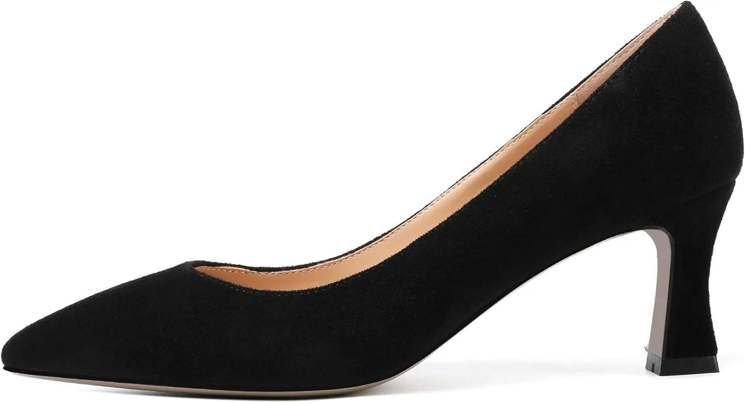 SHOWFOREST Womens Pointed Toe Slip On Evening Suede Dress Spool Mid Heel Pumps Shoes 2.5 Inch