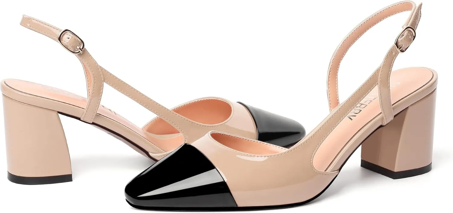 SKYSTERRY Womens Square Toe Buckle Slingback Patent Casual Wedding Block Mid Heel Pumps Shoes 2.5 Inch