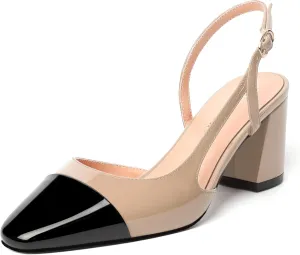 SKYSTERRY Womens Square Toe Buckle Slingback Patent Casual Wedding Block Mid Heel Pumps Shoes 2.5 Inch