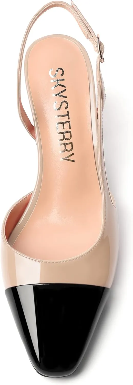 SKYSTERRY Womens Square Toe Buckle Slingback Patent Casual Wedding Block Mid Heel Pumps Shoes 2.5 Inch