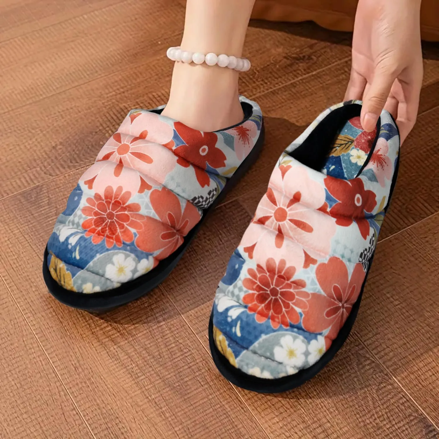 Slippers for Women Floral Printed Memory Foam Slippers Slip on Indoor House Shoes