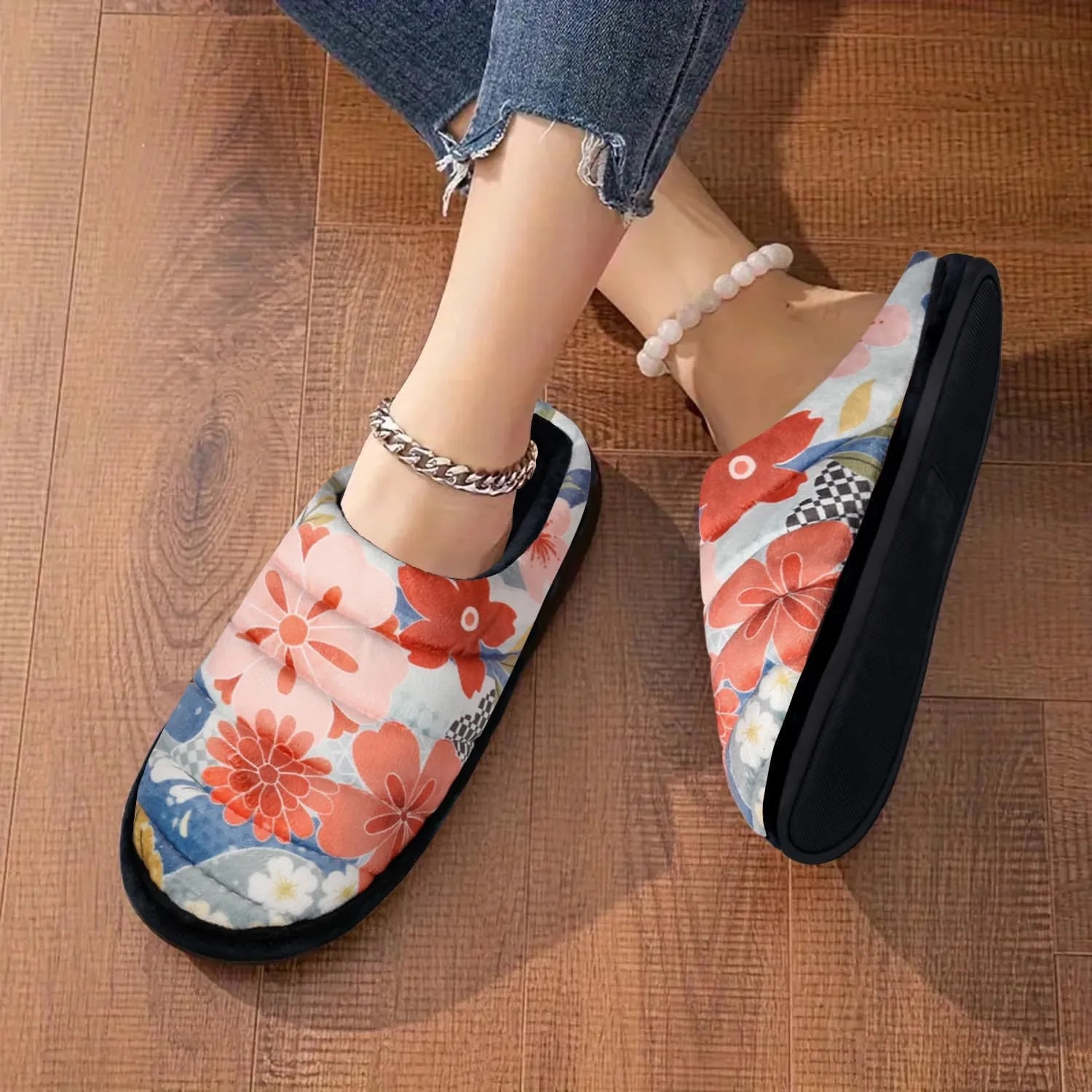 Slippers for Women Floral Printed Memory Foam Slippers Slip on Indoor House Shoes