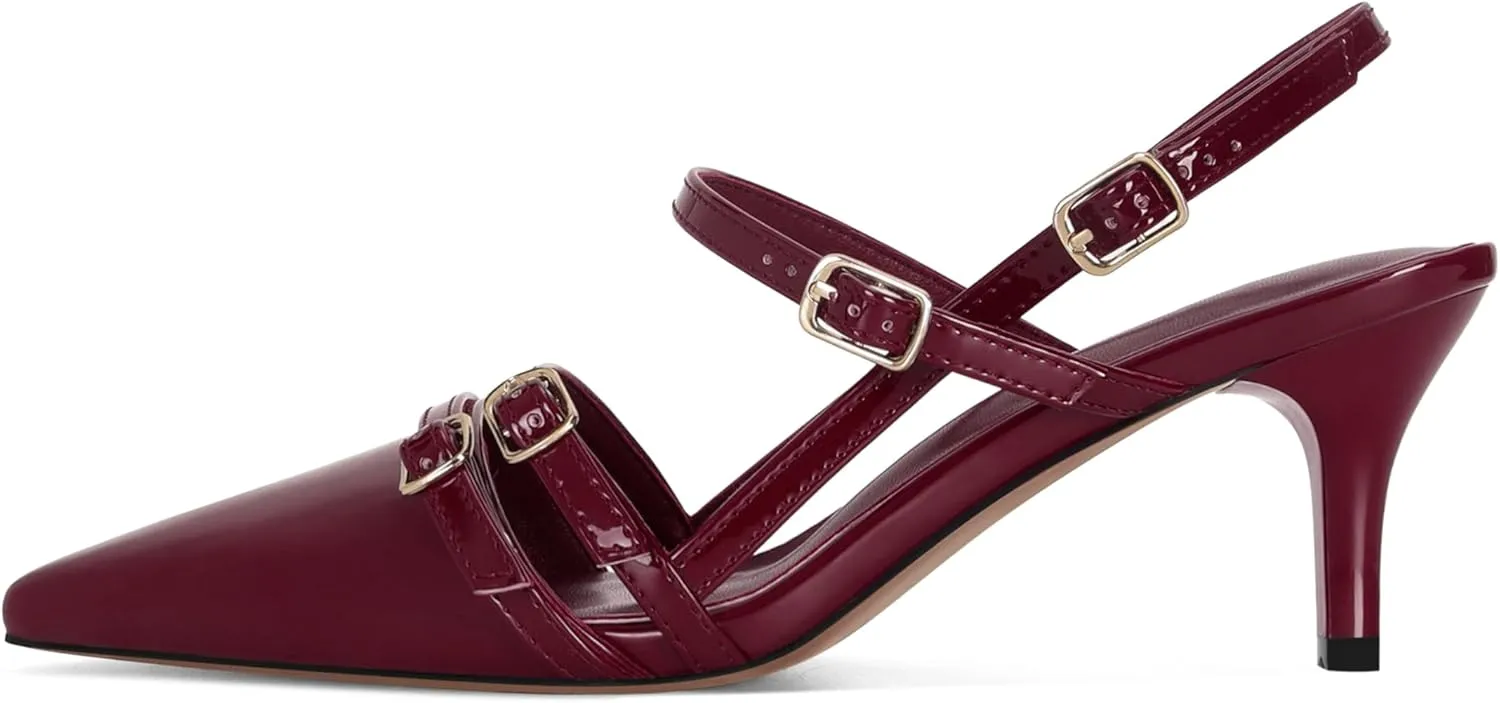 SOVANYOU Kitten Heels for Women Pointed Toe Stiletto Slingback Heels with Buckle Strap Pumps Dress Shoes
