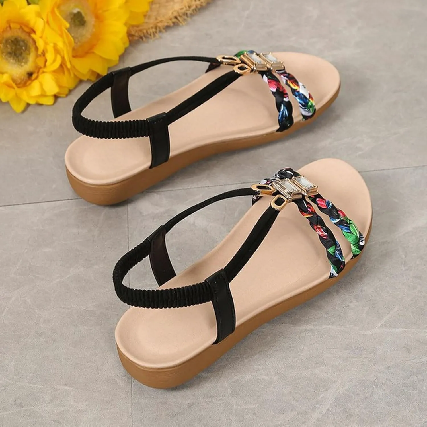 Summer Sandals for Women Bohemian Pearl Crystal Flat Sandal Open Toe Slip-On Casual Walking Shoes Comfortable Ankle Strap Outdoor Beach Shoes Orthopedic Arch Support Sandals