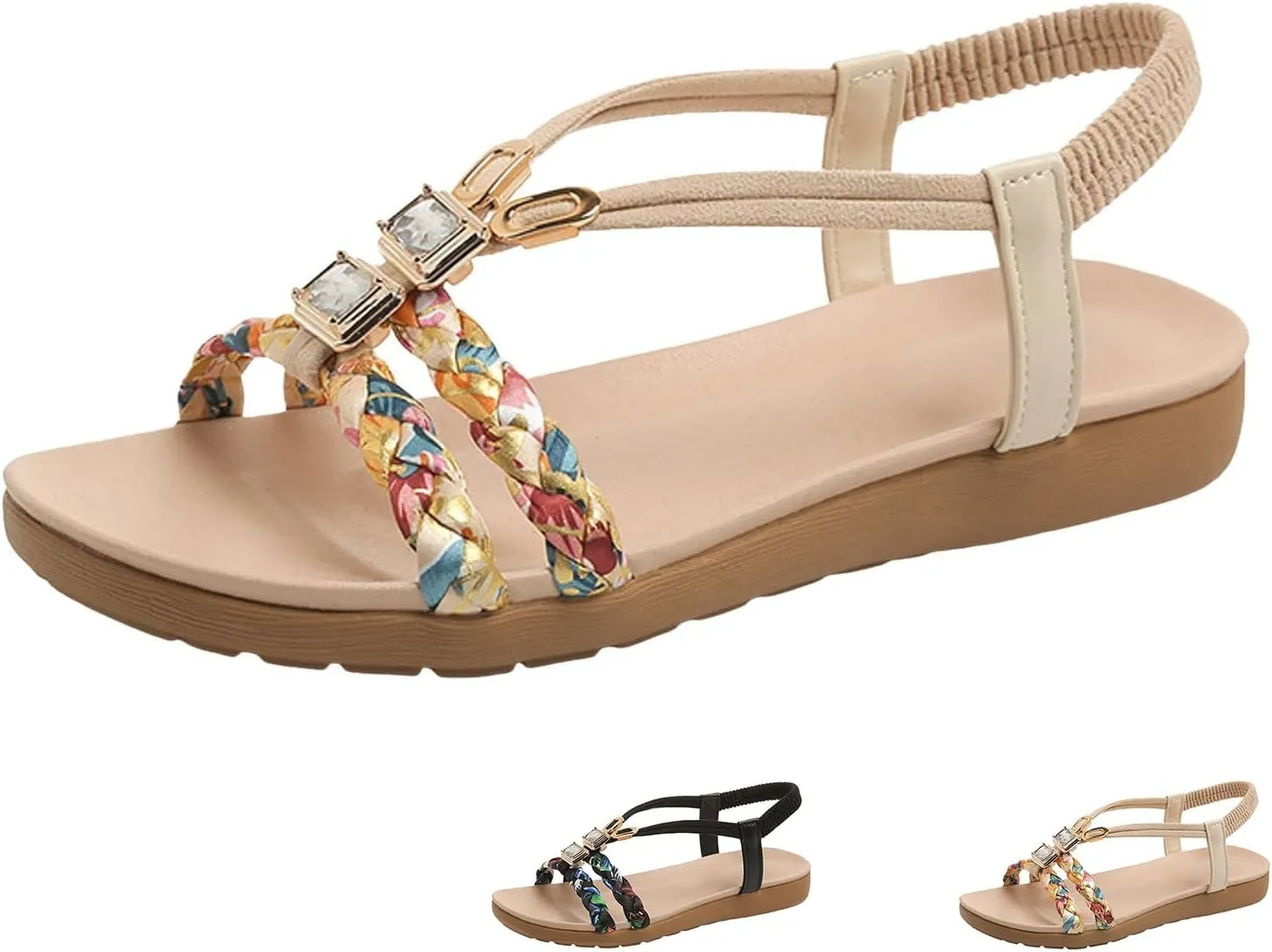Summer Sandals for Women Bohemian Pearl Crystal Flat Sandal Open Toe Slip-On Casual Walking Shoes Comfortable Ankle Strap Outdoor Beach Shoes Orthopedic Arch Support Sandals