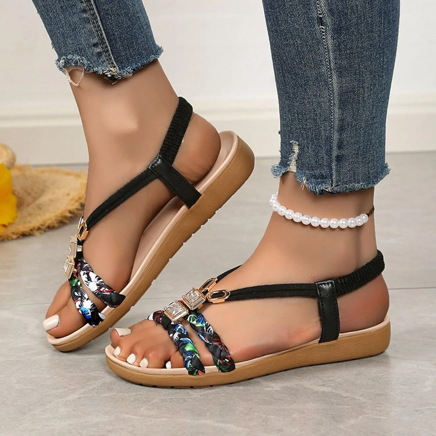 Summer Sandals for Women Bohemian Pearl Crystal Flat Sandal Open Toe Slip-On Casual Walking Shoes Comfortable Ankle Strap Outdoor Beach Shoes Orthopedic Arch Support Sandals