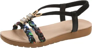 Summer Sandals for Women Bohemian Pearl Crystal Flat Sandal Open Toe Slip-On Casual Walking Shoes Comfortable Ankle Strap Outdoor Beach Shoes Orthopedic Arch Support Sandals