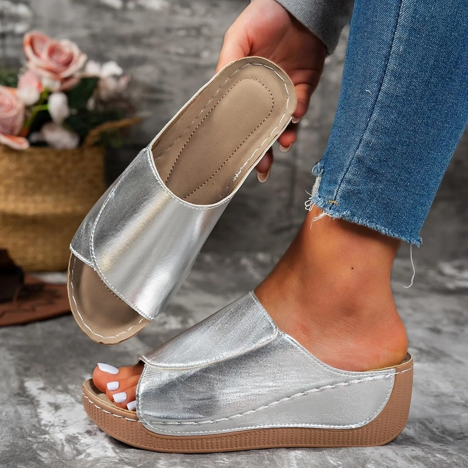 Summer Sandals for Women Wide Width Platform Wedge Sandals Breathable Open Toe Slippers Comfortable Arch Support Slip On Sandal Casual Walking Shoes Wedding Party Dress Shoes