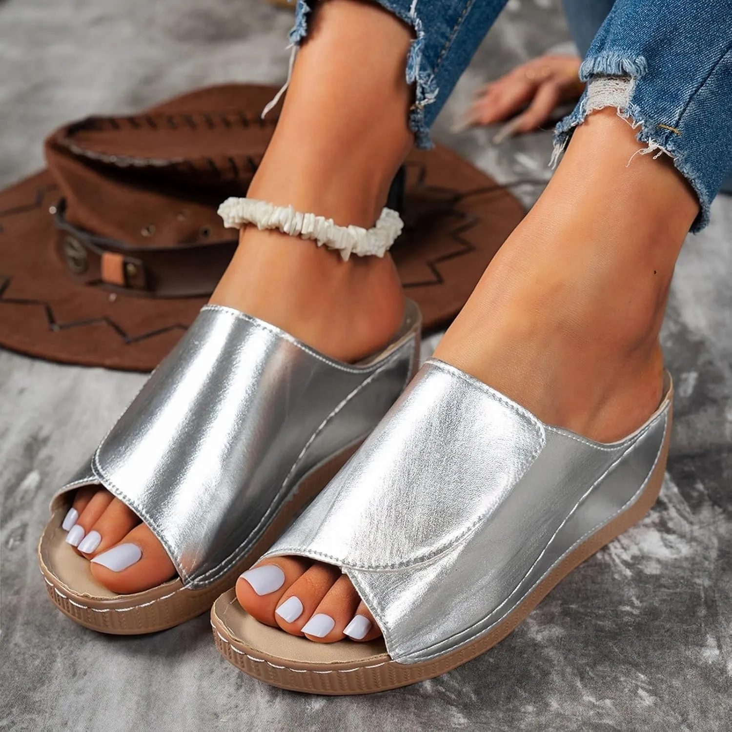 Summer Sandals for Women Wide Width Platform Wedge Sandals Breathable Open Toe Slippers Comfortable Arch Support Slip On Sandal Casual Walking Shoes Wedding Party Dress Shoes