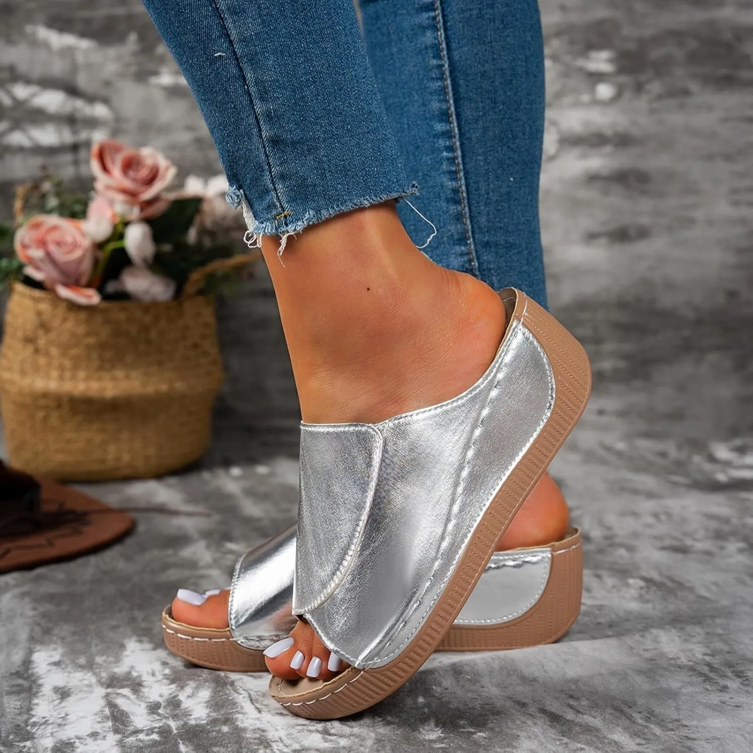 Summer Sandals for Women Wide Width Platform Wedge Sandals Breathable Open Toe Slippers Comfortable Arch Support Slip On Sandal Casual Walking Shoes Wedding Party Dress Shoes