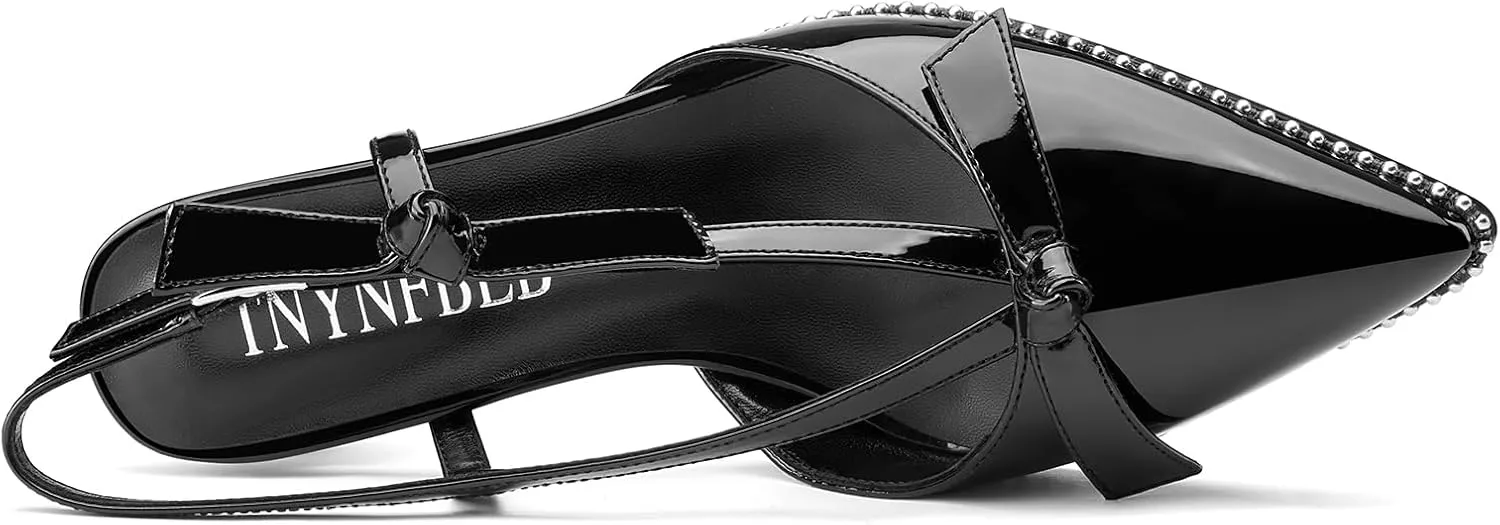 TNYNFBEB Womens Mid Heel Close Pointed Toe Pumps Slingback Buckle Bow-Knot Silver Beaded Prom Dress Patent Leather Summer 2.6 Inches Heels