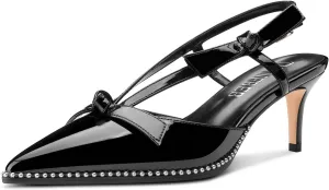 TNYNFBEB Womens Mid Heel Close Pointed Toe Pumps Slingback Buckle Bow-Knot Silver Beaded Prom Dress Patent Leather Summer 2.6 Inches Heels