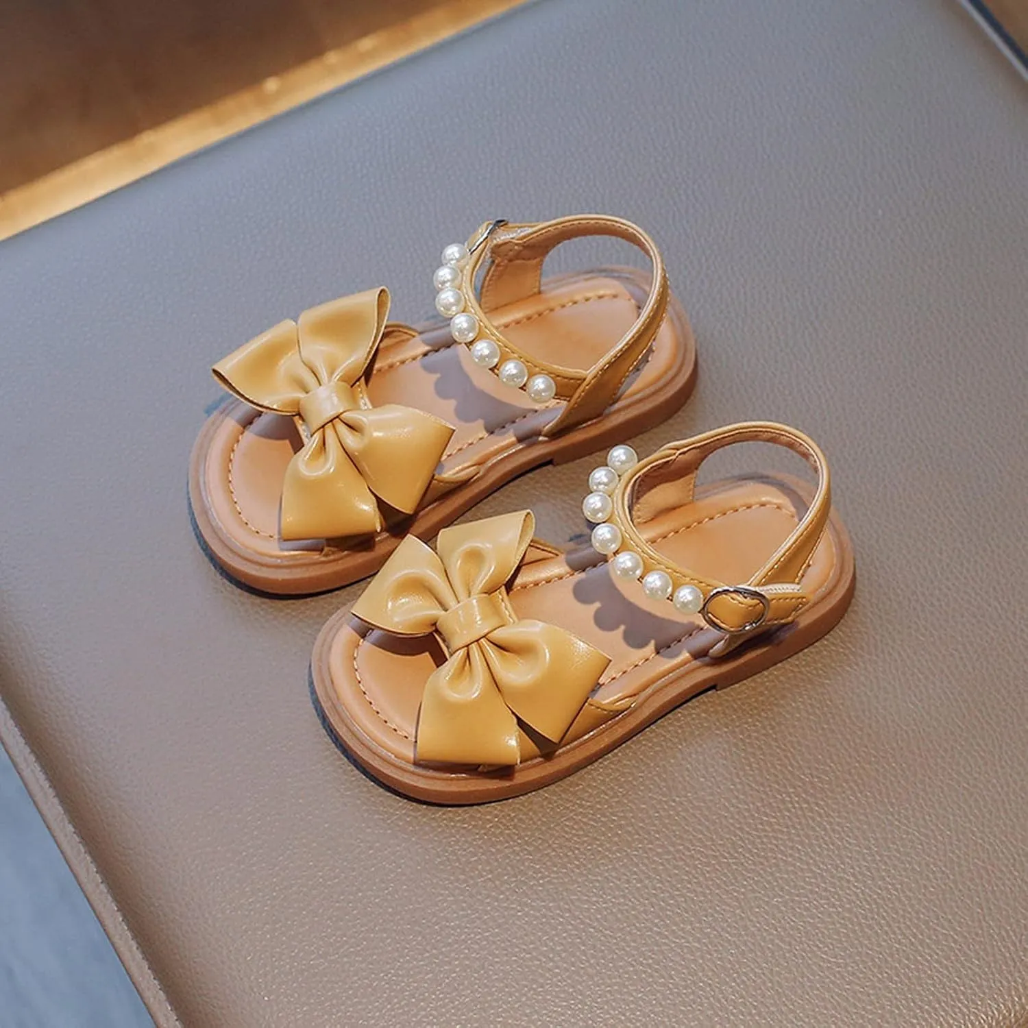 Toddler Kids Girl Open-toe Casual Sandal Low Heel Hook & Loop Buckle Bow Soft Rubber Sole Party Dress Shoes