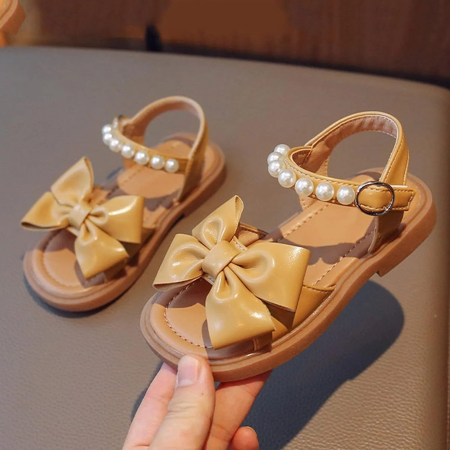 Toddler Kids Girl Open-toe Casual Sandal Low Heel Hook & Loop Buckle Bow Soft Rubber Sole Party Dress Shoes