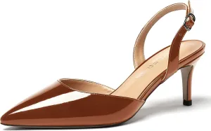 WAYDERNS Women's Patent Pointed Toe Solid Buckle Slingback Stiletto Mid Heel Pumps Shoes 2.5 Inch