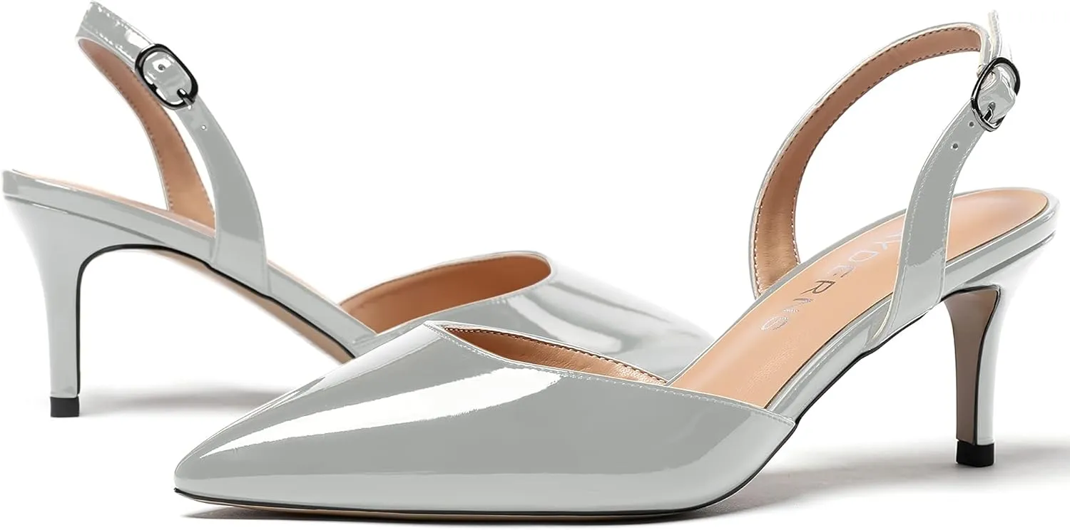 WAYDERNS Women's Patent Pointed Toe Solid Buckle Slingback Stiletto Mid Heel Pumps Shoes 2.5 Inch