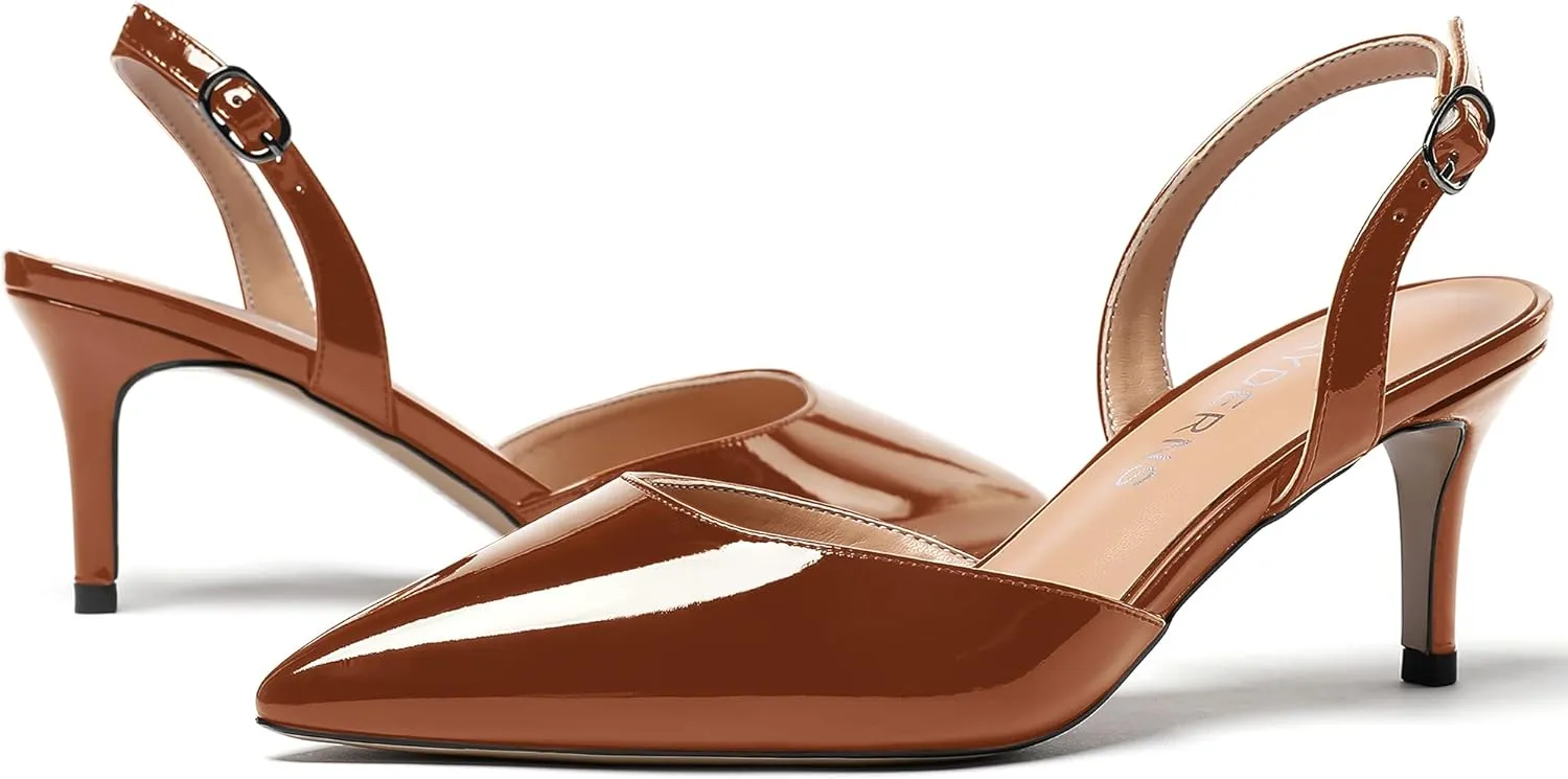 WAYDERNS Women's Patent Pointed Toe Solid Buckle Slingback Stiletto Mid Heel Pumps Shoes 2.5 Inch