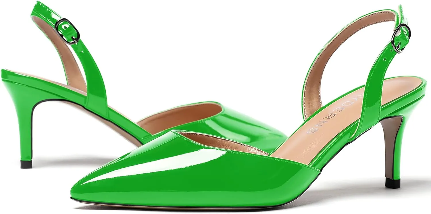 WAYDERNS Women's Patent Pointed Toe Solid Buckle Slingback Stiletto Mid Heel Pumps Shoes 2.5 Inch