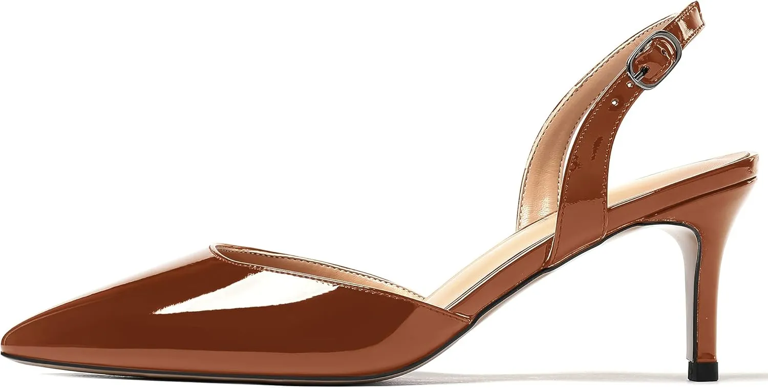 WAYDERNS Women's Patent Pointed Toe Solid Buckle Slingback Stiletto Mid Heel Pumps Shoes 2.5 Inch