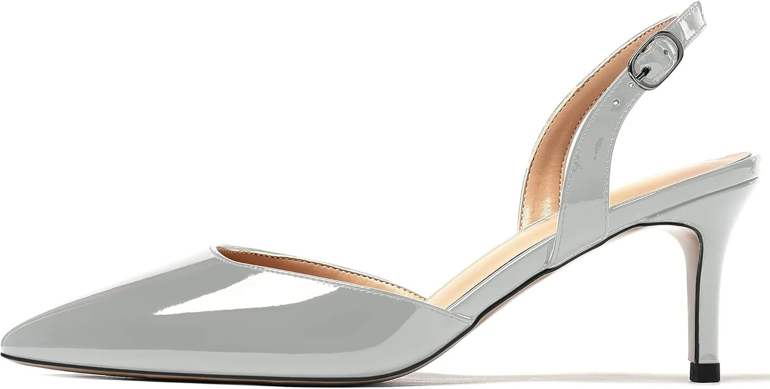 WAYDERNS Women's Patent Pointed Toe Solid Buckle Slingback Stiletto Mid Heel Pumps Shoes 2.5 Inch