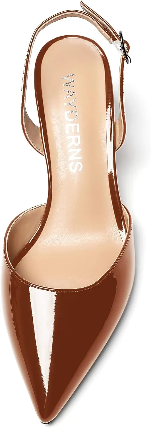 WAYDERNS Women's Patent Pointed Toe Solid Buckle Slingback Stiletto Mid Heel Pumps Shoes 2.5 Inch