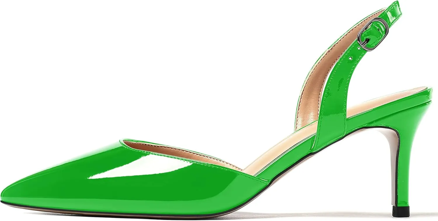 WAYDERNS Women's Patent Pointed Toe Solid Buckle Slingback Stiletto Mid Heel Pumps Shoes 2.5 Inch