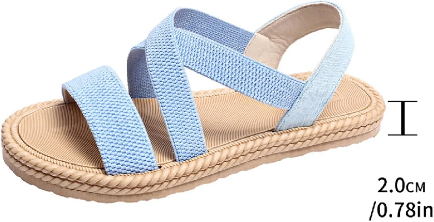 Women Braided Solid Strappy Sandal High Elastic Cross Summer Flats Open Toe Slingback Sandals Casual Beach Shoe
