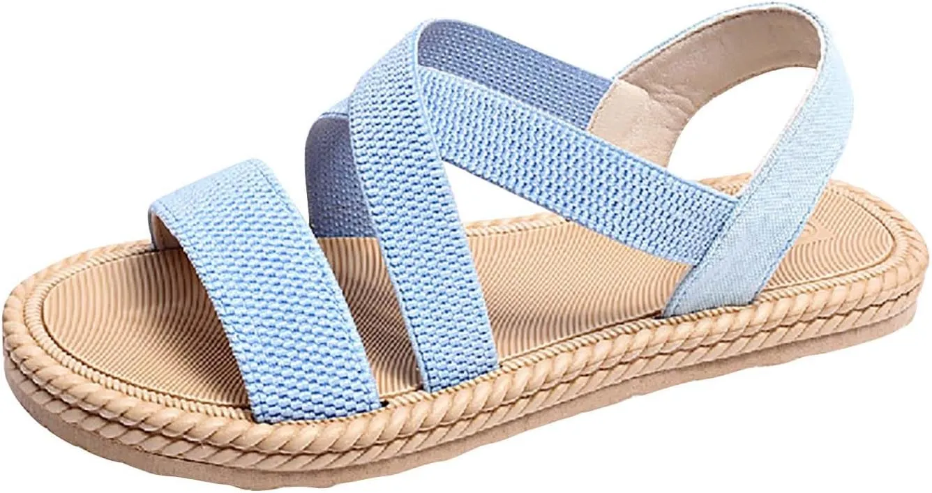 Women Braided Solid Strappy Sandal High Elastic Cross Summer Flats Open Toe Slingback Sandals Casual Beach Shoe