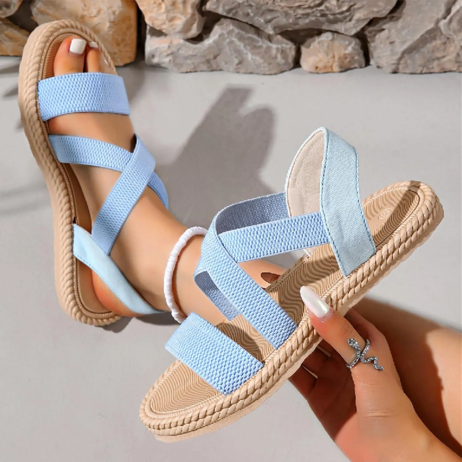 Women Braided Solid Strappy Sandal High Elastic Cross Summer Flats Open Toe Slingback Sandals Casual Beach Shoe