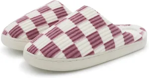 Women Home Fuzzy Slippers - Memory Foam Checkered Plaid Scuff Non-Slip Indoor Outdoor Comfortable Casual Soft Slides