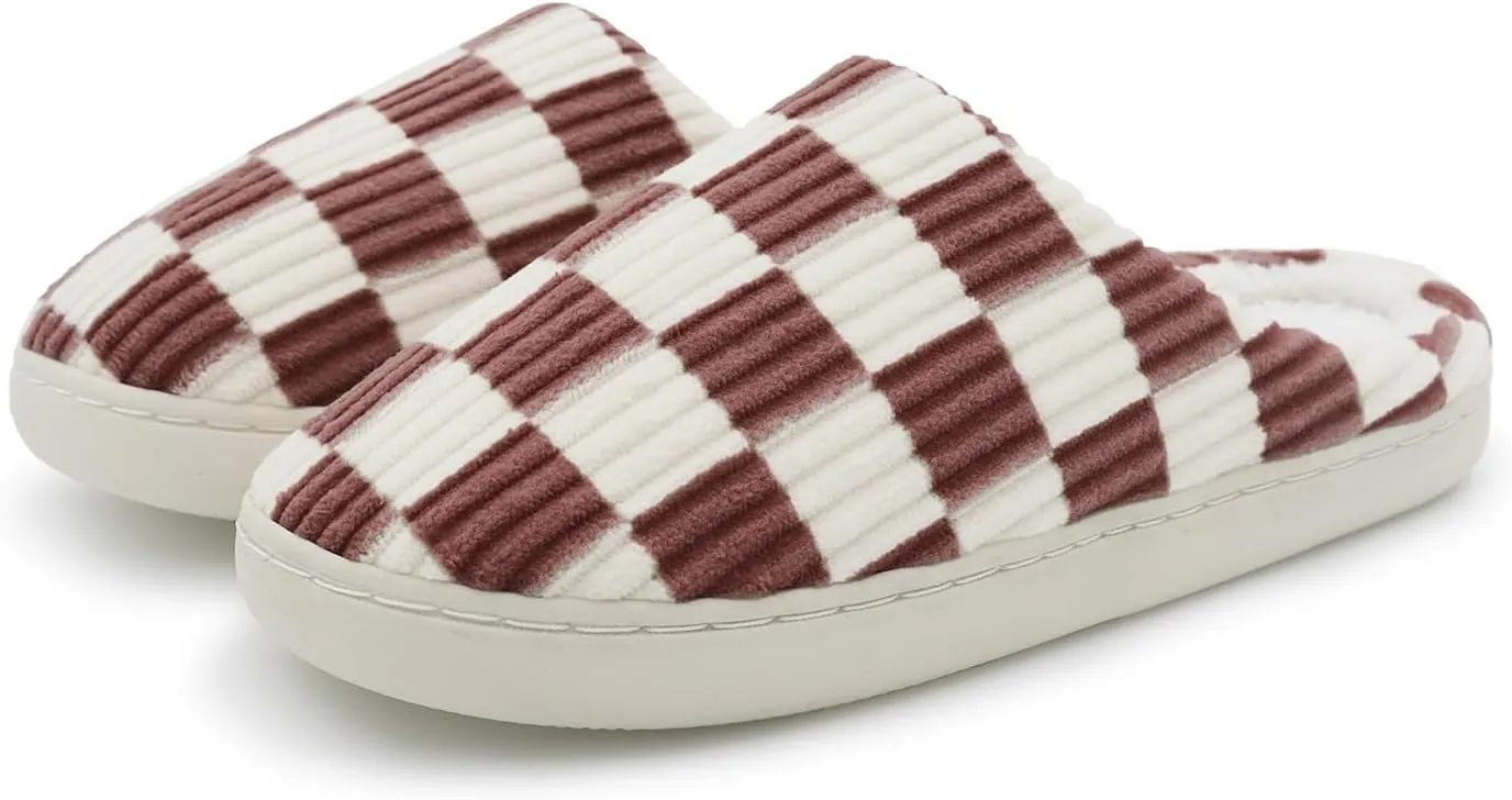 Women Home Fuzzy Slippers - Memory Foam Checkered Plaid Scuff Non-Slip Indoor Outdoor Comfortable Casual Soft Slides