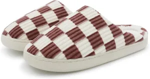 Women Home Fuzzy Slippers - Memory Foam Checkered Plaid Scuff Non-Slip Indoor Outdoor Comfortable Casual Soft Slides