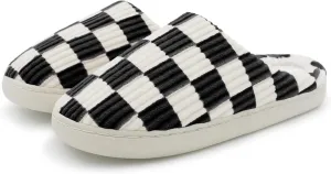 Women Home Fuzzy Slippers - Memory Foam Checkered Plaid Scuff Non-Slip Indoor Outdoor Comfortable Casual Soft Slides