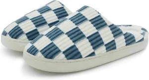 Women Home Fuzzy Slippers - Memory Foam Checkered Plaid Scuff Non-Slip Indoor Outdoor Comfortable Casual Soft Slides