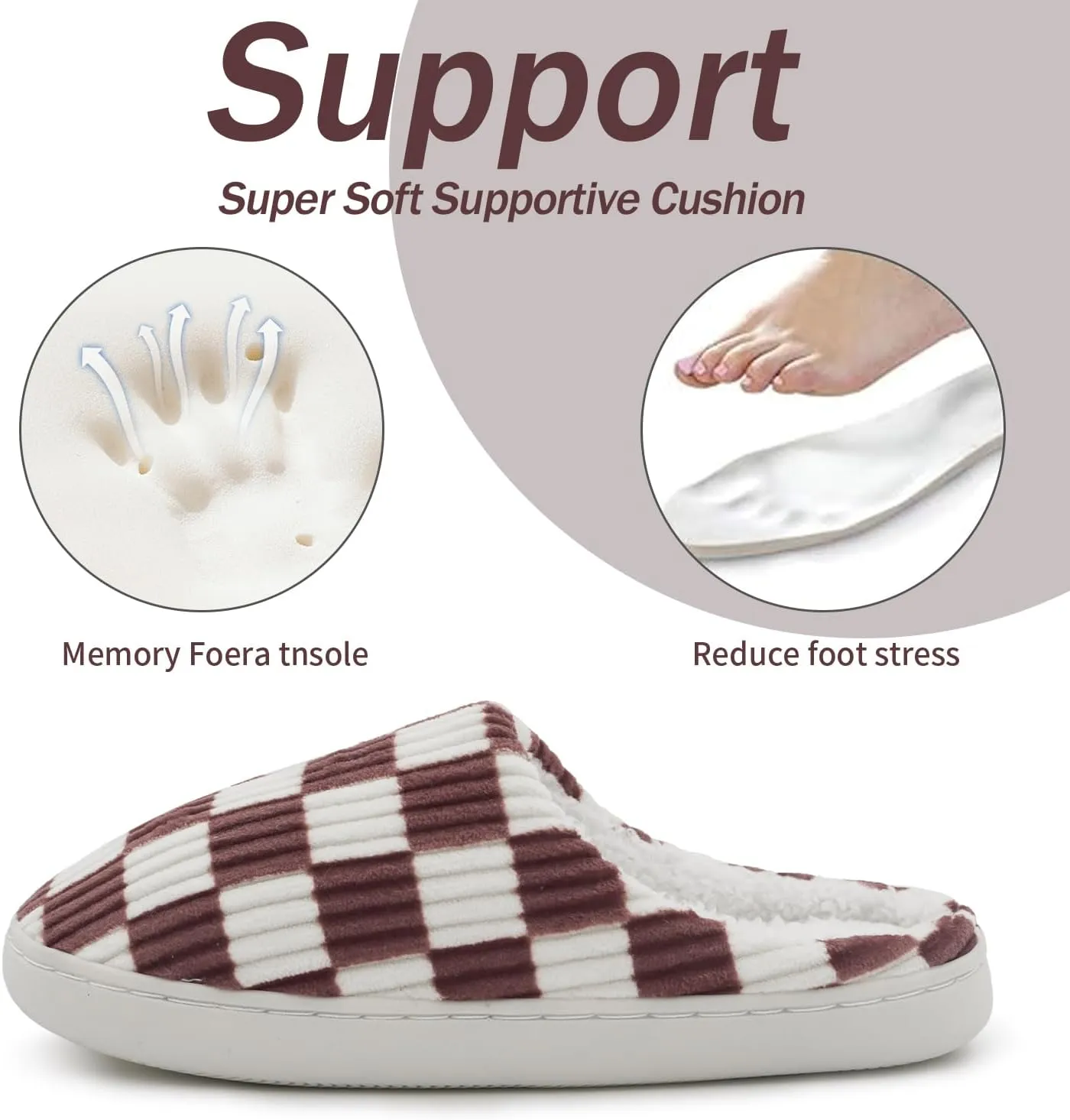 Women Home Fuzzy Slippers - Memory Foam Checkered Plaid Scuff Non-Slip Indoor Outdoor Comfortable Casual Soft Slides