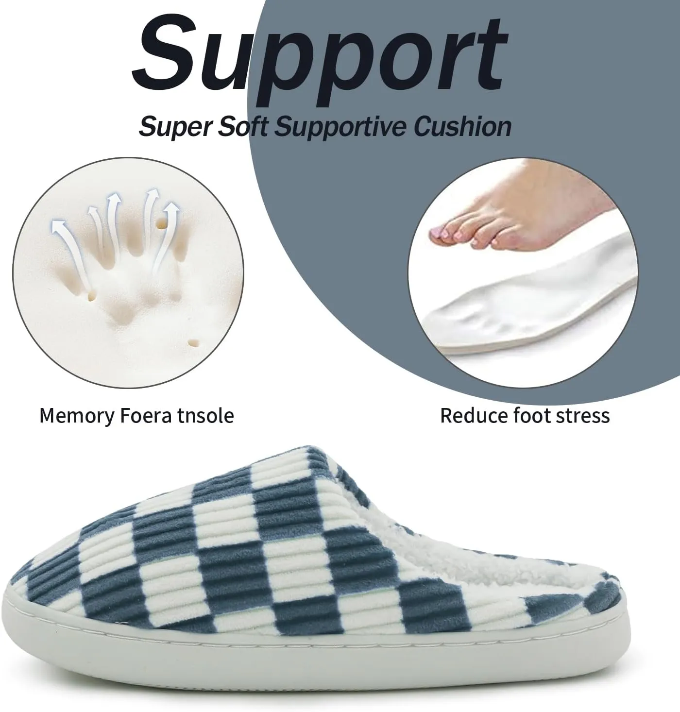 Women Home Fuzzy Slippers - Memory Foam Checkered Plaid Scuff Non-Slip Indoor Outdoor Comfortable Casual Soft Slides