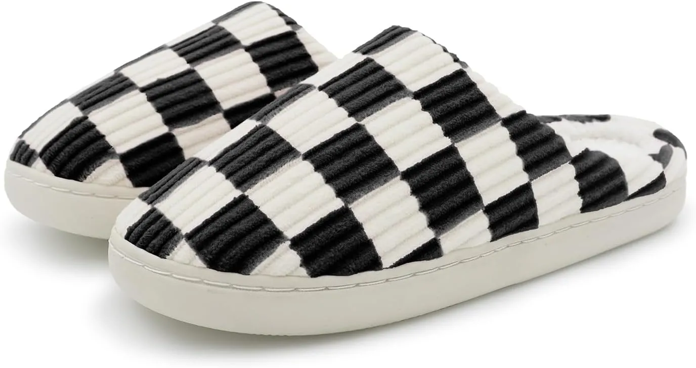 Women Home Fuzzy Slippers - Memory Foam Checkered Plaid Scuff Non-Slip Indoor Outdoor Comfortable Casual Soft Slides