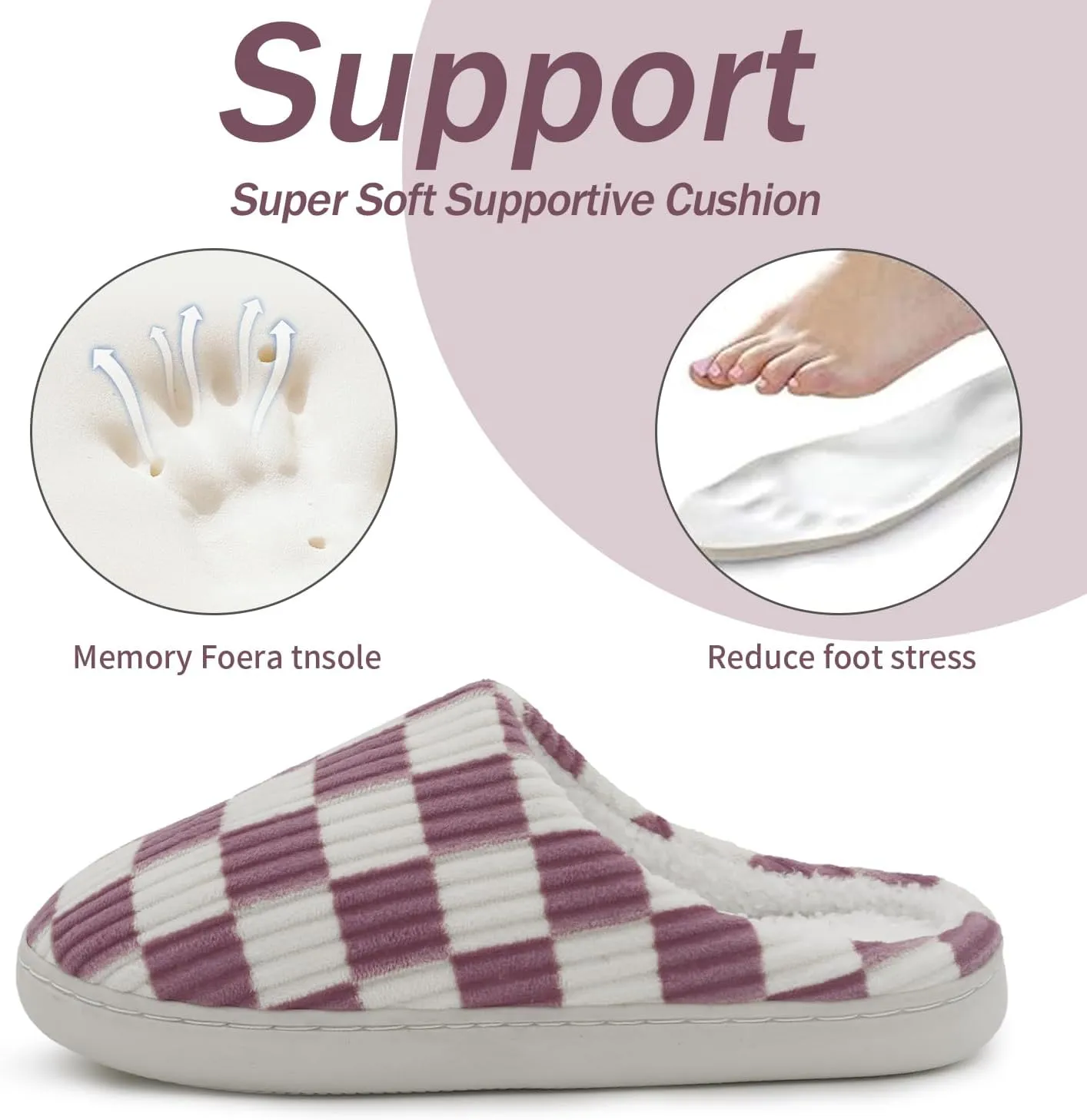 Women Home Fuzzy Slippers - Memory Foam Checkered Plaid Scuff Non-Slip Indoor Outdoor Comfortable Casual Soft Slides