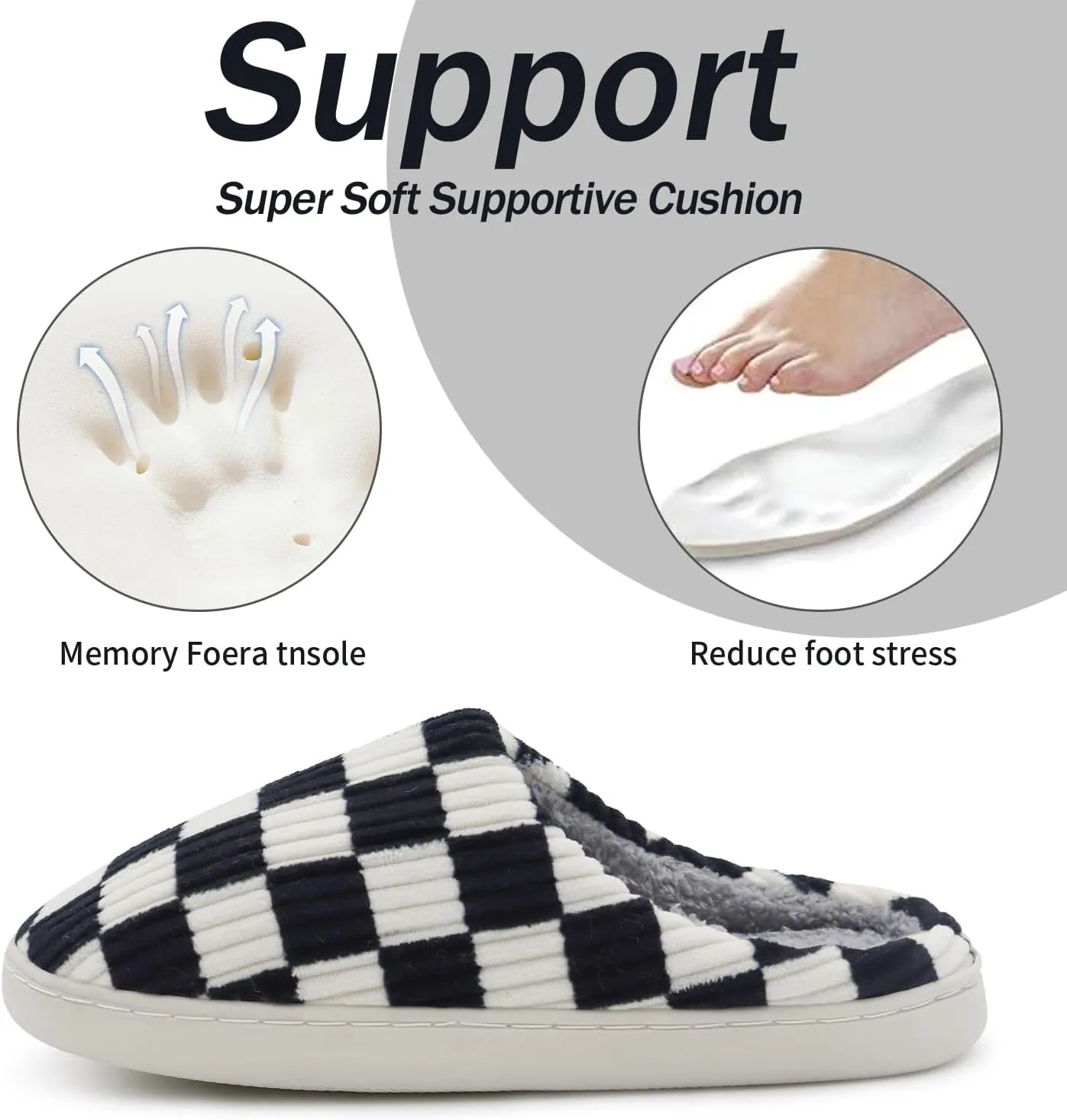Women Home Fuzzy Slippers - Memory Foam Checkered Plaid Scuff Non-Slip Indoor Outdoor Comfortable Casual Soft Slides