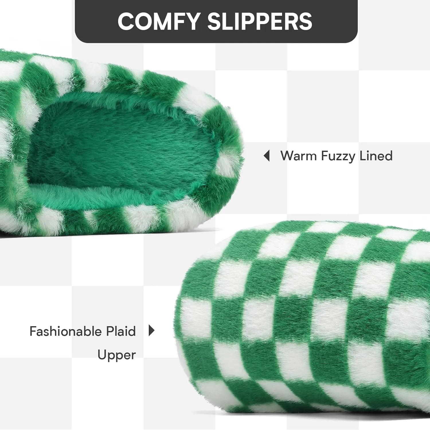 Women House Checkered Slippers - Mens Cozy Fuzzy Plaid Memory Foam Slippers with Faux Fur Lining for Indoor & Outdoor Comfort Soft Slides