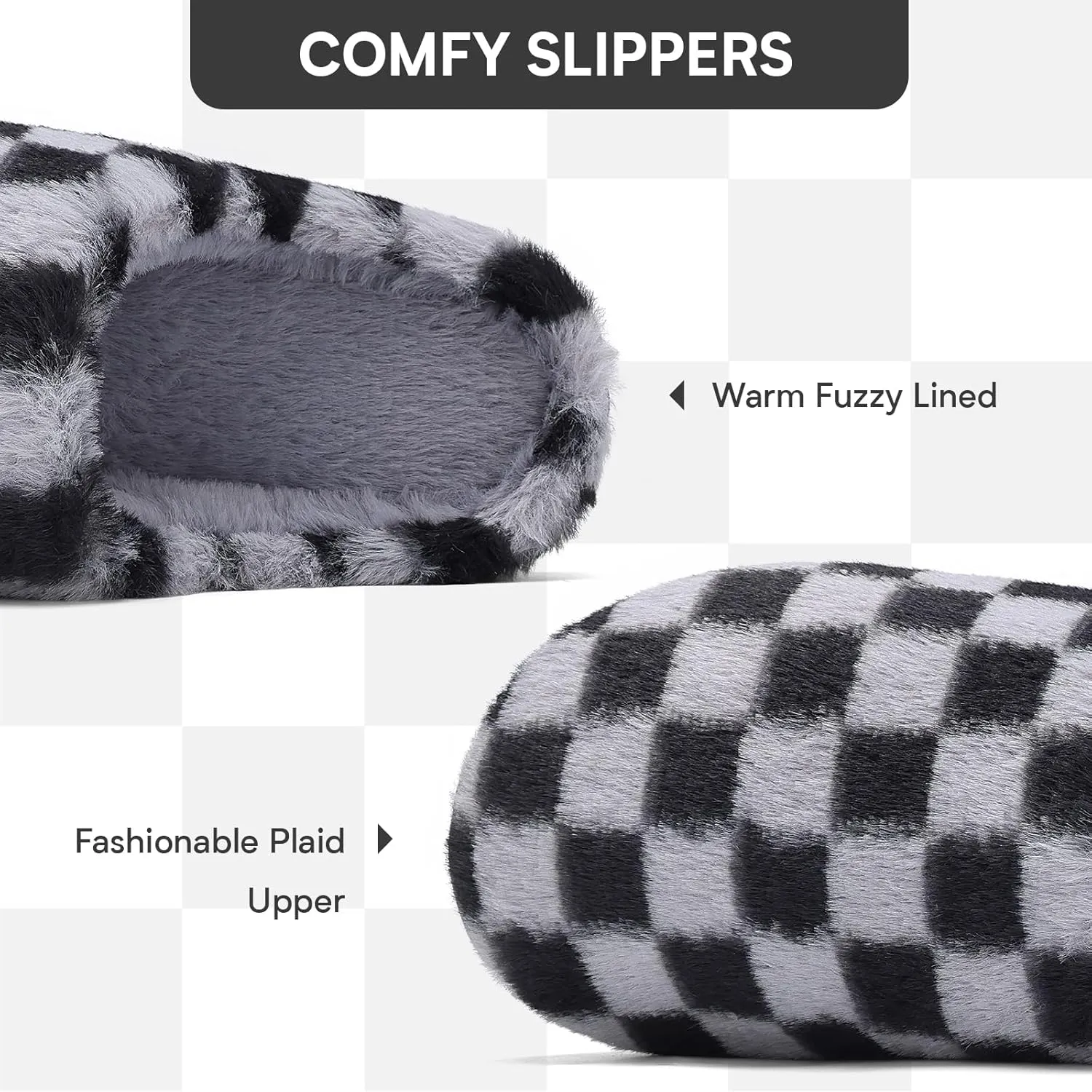 Women House Checkered Slippers - Mens Cozy Fuzzy Plaid Memory Foam Slippers with Faux Fur Lining for Indoor & Outdoor Comfort Soft Slides