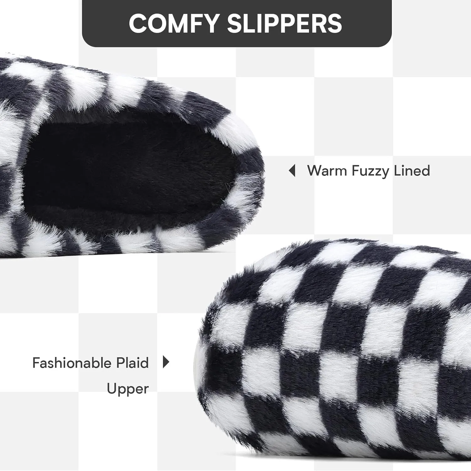 Women House Checkered Slippers - Mens Cozy Fuzzy Plaid Memory Foam Slippers with Faux Fur Lining for Indoor & Outdoor Comfort Soft Slides