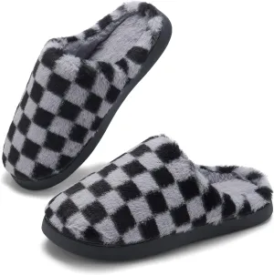 Women House Checkered Slippers - Mens Cozy Fuzzy Plaid Memory Foam Slippers with Faux Fur Lining for Indoor & Outdoor Comfort Soft Slides