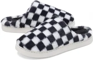 Women House Checkered Slippers - Mens Cozy Fuzzy Plaid Memory Foam Slippers with Faux Fur Lining for Indoor & Outdoor Comfort Soft Slides(BlackWhite,11-12Women/9-10Men)