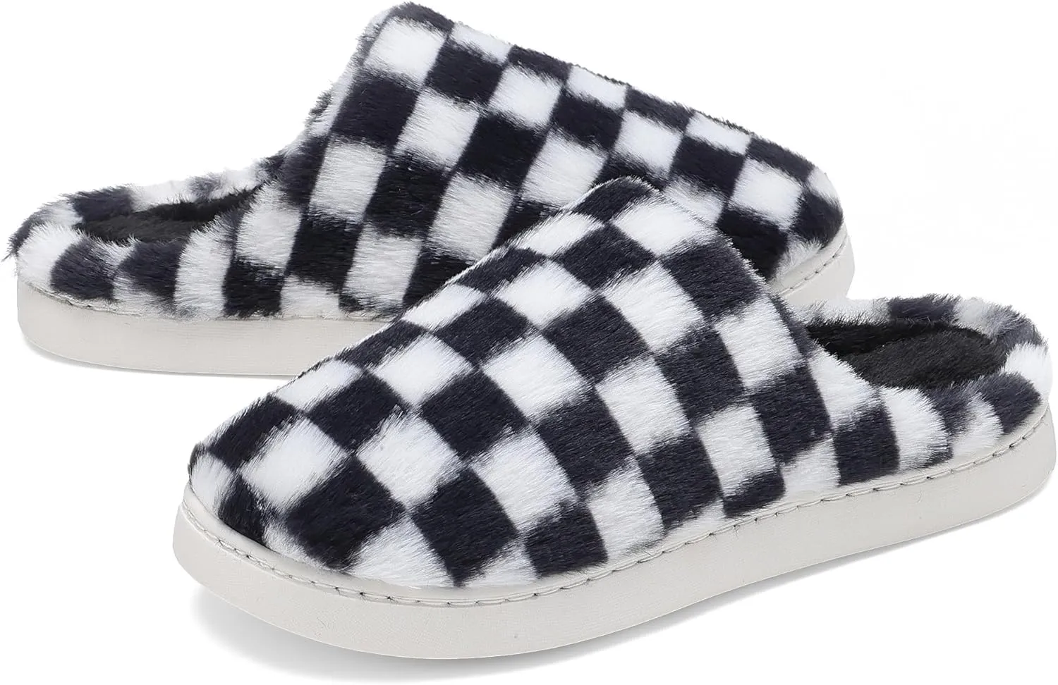 Women House Checkered Slippers - Mens Cozy Fuzzy Plaid Memory Foam Slippers with Faux Fur Lining for Indoor & Outdoor Comfort Soft Slides(BlackWhite,11-12Women/9-10Men)