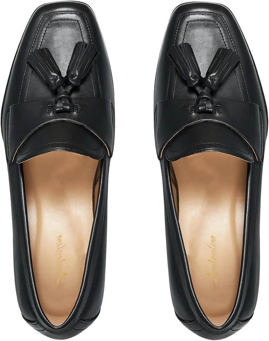 Women Vintage Low Chunky Heel Loafers Shoes with Tassel Square Closed Toe Slip On Fringed Loafer Pumps 1.5" Block Heels Office Work Pumps Ladies Formal Business Casual Club Party 4-11 M US